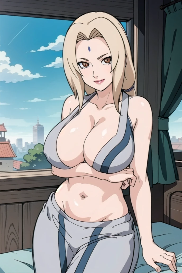 tsunade, brown eyes , blonde hair , forehead mark 
BREAK  ,    , navel ,   , big breasts, wide hips , milf body ,((( bedroom))) , smile 
BREAK poc , very_close_look
BREAK looking at viewer, (cowboy shot:1.5),
BREAK (masterpiece:1.2), innocent eyes , beautiful face