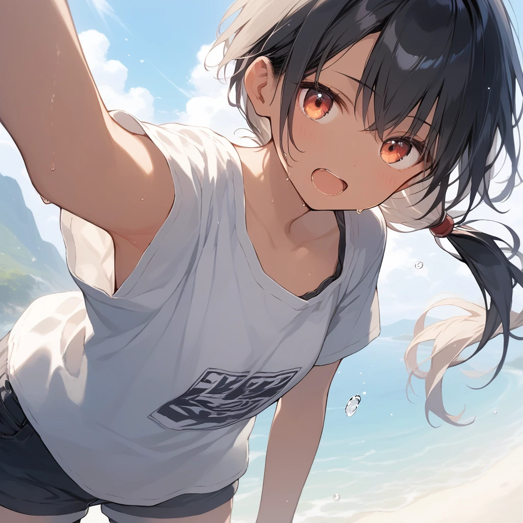 score_9, score_8_up, score_7_up, source_anime, best quality, masterpiece, official art, absurdres, highres, ultra-detailed,waifu2x,Collection: Slice of Life,break,1girl, tomboy, dark-skinned female, short hair, low ponytail, flat chest, beautiful detailed eyes, short shorts, sweat, open mouth, (yawn:0.3), sleepily, outdoors, wind, break,(clear line illustration:1.2),very high resolution, very aesthetic, super detailed skin, Best sexual lighting powered by famous artist, 8k,cute picture,beauty illustration,photoshop_(medium),,(Detailed Lighting),best anime 8k konachan wallpaper, pixiv contest winner, 