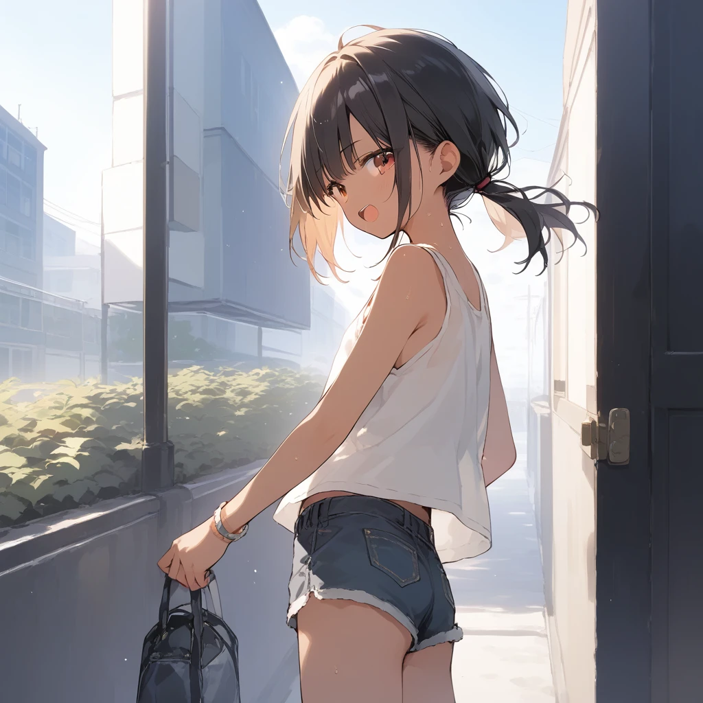 score_9, score_8_up, score_7_up, source_anime, best quality, masterpiece, official art, absurdres, highres, ultra-detailed,waifu2x,Collection: Slice of Life,break,1girl, tomboy, dark-skinned female, short hair, low ponytail, flat chest, beautiful detailed eyes, short shorts, sweat, open mouth, (yawn:0.3), sleepily, outdoors, wind, break,(clear line illustration:1.2),very high resolution, very aesthetic, super detailed skin, Best sexual lighting powered by famous artist, 8k,cute picture,beauty illustration,photoshop_(medium),,(Detailed Lighting),best anime 8k konachan wallpaper, pixiv contest winner,