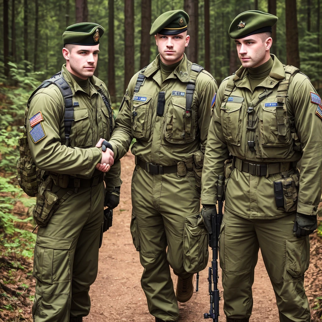 white 2males, 2guys, 2soldiers, wearing 1994 american military uniforms, shaking hands, wearing balaclavas, in a forest, beautiful background