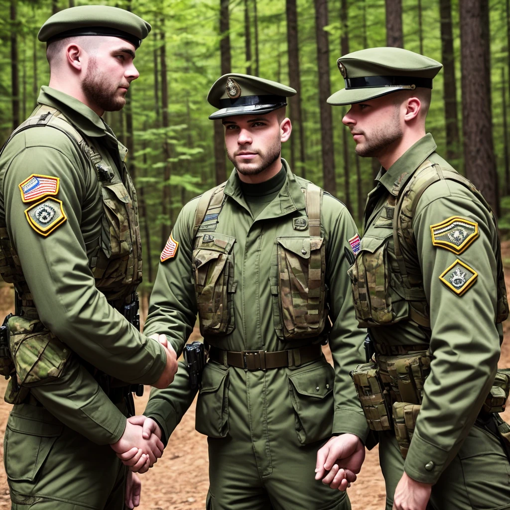 white 2males, 2guys, 2soldiers, wearing 1994 american military uniforms, shaking hands, wearing balaclavas, in a forest, beautiful background