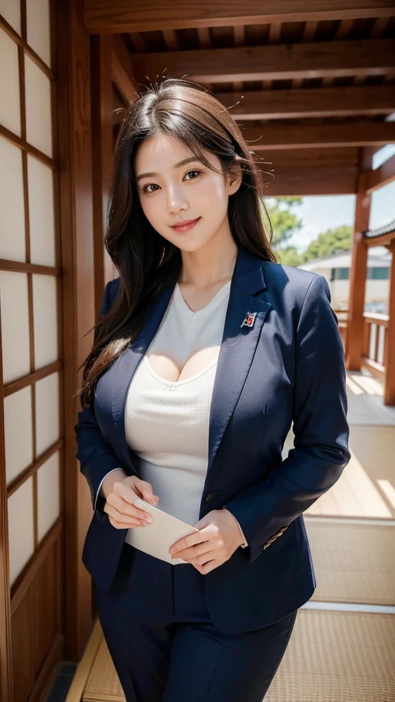 ((最high quality, 8K, masterpiece: 1.3)), (close:0.75), Realistic, Sharp focus, high quality, High resolution, Portraiture, Portraiture, 1. Japanese,Huge Busty Woman、26 years old、career woman、Chubby body type、Her breasts are extremely large (Wearing a navy suit), ((Very strong sunlight)), smile, Long black hair,会社のオフィスで椅子に座り足を組みsmileで微笑む、Full body shot image、
