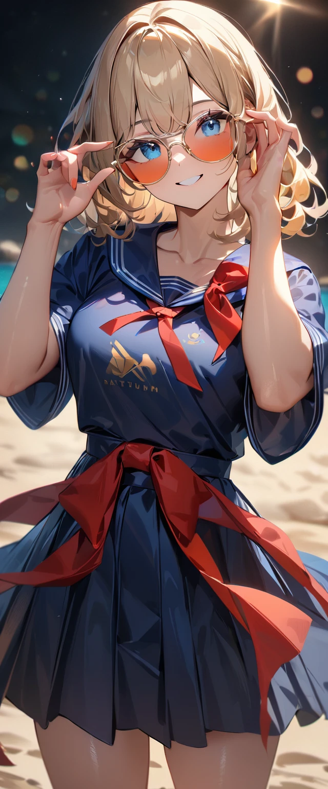 (((One girl))), ((beach)), noon, blond hair, Wavy Hair, bob cut, breasts, from front, (cowboy shot), standard body, (looking at viewer), ((dark blue serafuku out of skirt)), dark blue skirt, ((red ribbon)), ((sunglasses)), hand to sunglasses, teenager, head tilt:1.3, (((blue eye))), ((happy smile)), anime style, (best quality, 4k, 8k, highres, masterpiece:1.2, ultra-detailed, ultra-detailed eyes, HDR, UHD, studio lighting, ultra-fine painting, sharp focus, physically-based rendering, extreme detail description, professional, vivid colors, bokeh), ((Highest quality, Best image quality, Ultra-high resolution, Ultra-high resolution, solo, Strong eye highlights)), Depth of written boundary, Natural soft light, attractive, Beautiful Face, Cleanliness, Pure Face, nedium chest, Beautiful Face, Perfect Fingers, Perfect hands, Perfect body, Perfect Face, Shine a light into your eyes, Perfect Anatomy