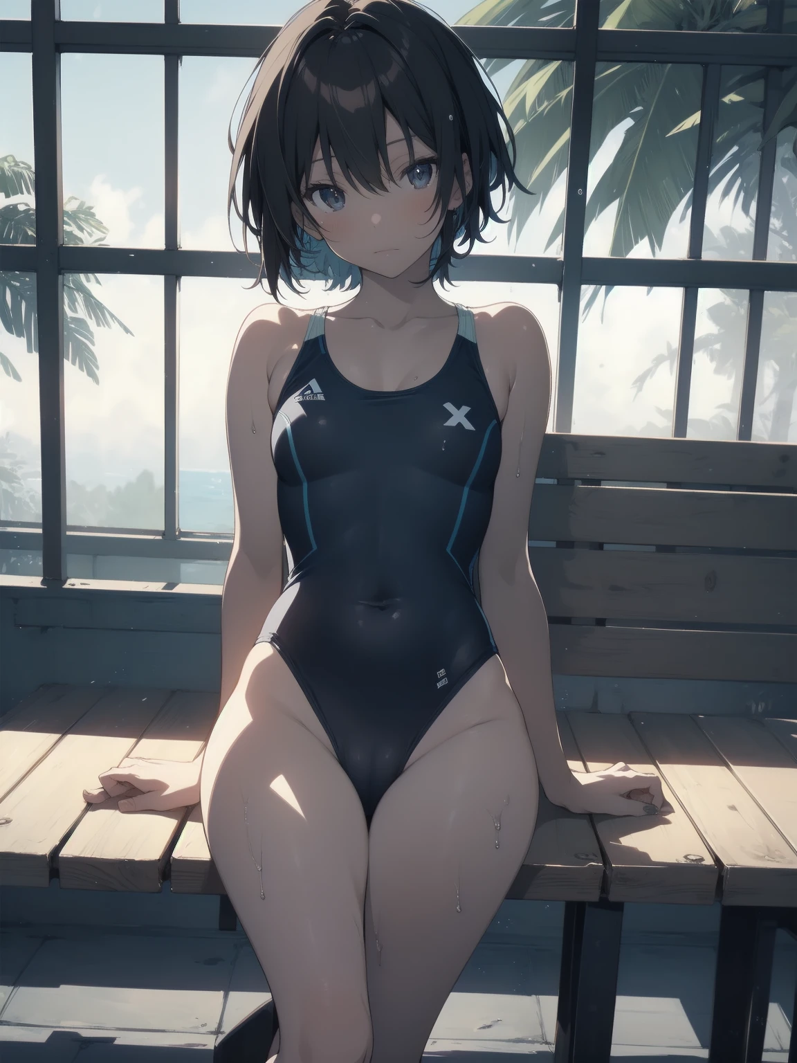 ultra-Top-quality by art God, ultra-detailed, high resolution, shinkai makoto style, anime moe artstyle, best anime 8k konachan wallpaper, pixiv contest winner, perfect anatomy, break,(Please draw a picture of a girl in a swimsuit sitting masturbation on a bench by the poolside alone.),break, a hyperrealistic school girl, (Solo,ta, kid, 13-year-old:1.3),Full limbs, complete fingers, androgynous charm, (very short hair), wet hair, small breasts,slender body, Small butt, groin, Small black eyes,hanme,beautiful detailed eyes, well-proportioned iris and pupils, sleepy eyes, highres detailed hair, swimsuit, wet swimsuit, bare shoulders, thighs, pussy juice, masturbation, in the school pool. break,super detailed skin, shiny skin, Best lighting powered by famous artist, 8k, illustration,UHD, textured skin,break,((artist:toosaka_asagi )), artist:clamp ,artist:carnelian ,artist:kantoku ,