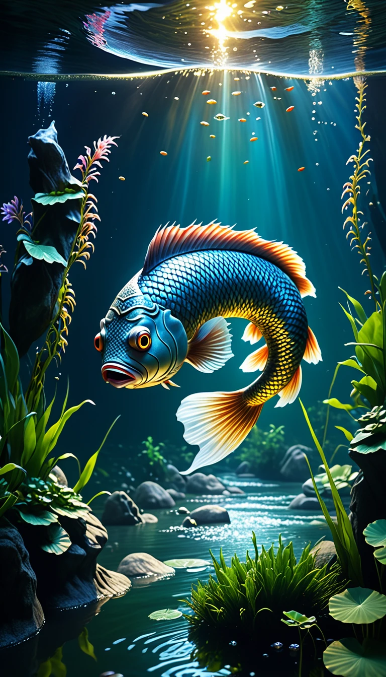 Mythical creatures in Shan Hai Jing，A fish with a human head swimming in the river，Highly detailed，4K，8K，high resolution，masterpiece，Ultra Detailed，lifelike，Photo Realism，照片lifelike，Extremely detailed animals，Complex patterns，The Illumination of Reality，Fantasy creature composition