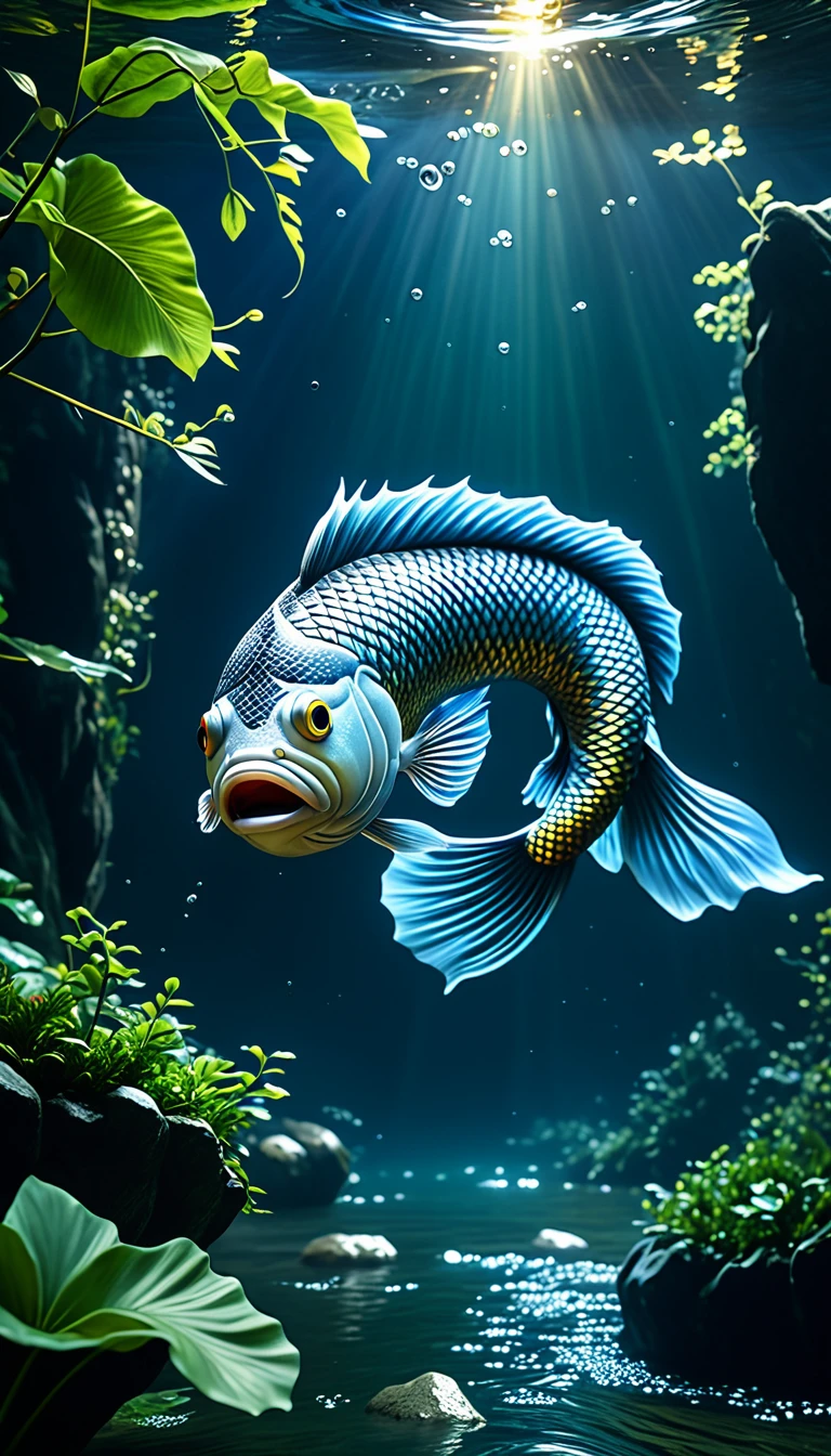 Mythical creatures in Shan Hai Jing,A fish with a human head swimming in the river,Highly detailed,4K,8K,high resolution,masterpiece,Ultra Detailed,lifelike,Photo Realism,照片lifelike,Extremely detailed animals,Complex patterns,The Illumination of Reality,Fantasy creature composition