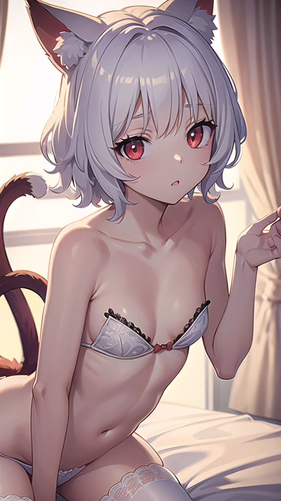 neferpitou, neferpitou, short hair, (red eyes:1.5),animal ears, tail, white hair,cat ears, cat tail, curly hair, (small breast:1.2), BREAK looking at viewer, BREAK outside, BREAK (masterpiece:1.2), best quality, high resolution, unity 8k wallpaper, (illustration:0.8), (beautiful detailed eyes:1.6), extremely detailed face, perfect lighting, extremely detailed CG, (perfect hands, perfect anatomy),laying in bed, soft light, shibari, lace lingerie,stockings,