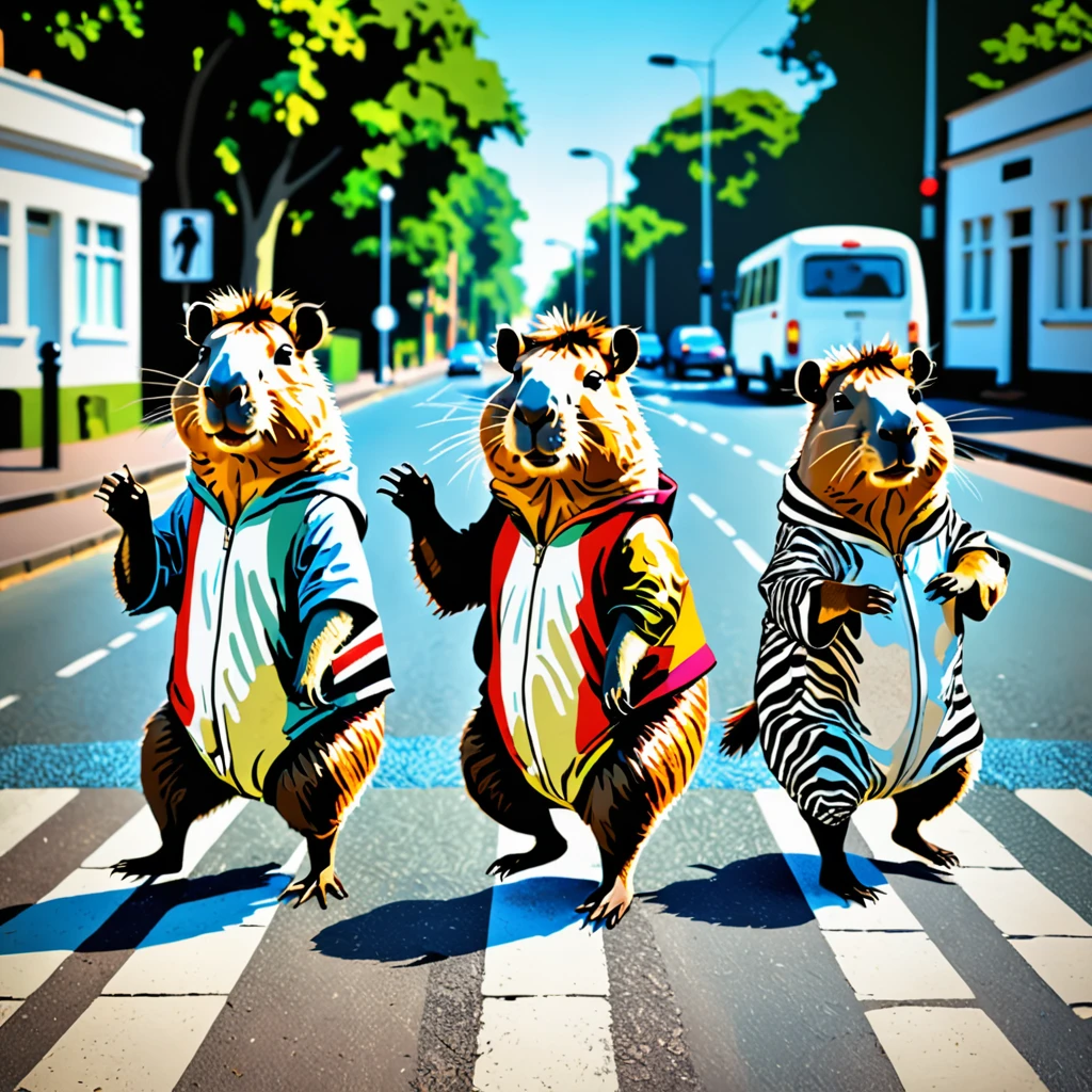 Four cute capybara, Beatles impersonation, same hairstyles and outfits, walking right on Abbey Road zebra crossing, Abbey Road is the 11th album of the British rock band The Beatles.