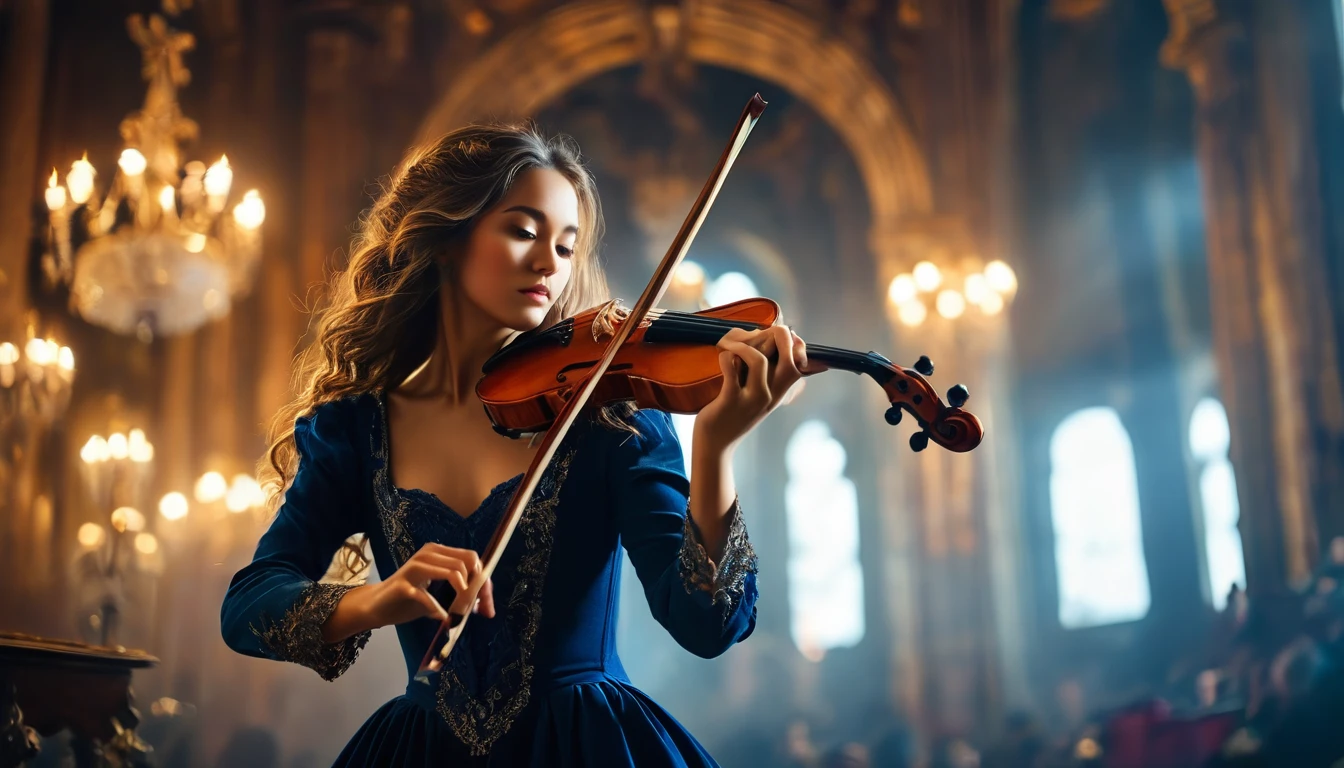 a beautiful girl playing a violin, long flowing hair, elegant dress, enchanting expression, dramatic lighting, cinematic composition, intricate details, photorealistic, 8k, high resolution, hyperrealistic, vibrant colors, warm lighting, dramatic atmosphere, epic, masterpiece