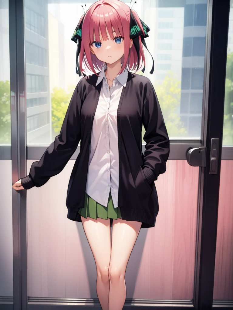 I was silent, Nakano Nino, short hair, bangs, blue eyes, hair ornaments, Hair Ribbon, Pink Hair, blunt bangs, Both sides up, butterfly hair ornaments,
Breaking skirt, shirt, Long sleeve, white shirt, Pleated skirt, Open clothes, collared shirt, Sleeves are longer than the wrist, dress shirt, cardigan, Green Skirt, open cardigan, black cardigan,from the front,Standing with your legs apart,classroom,School,
masterpiece,Highest quality, High resolution