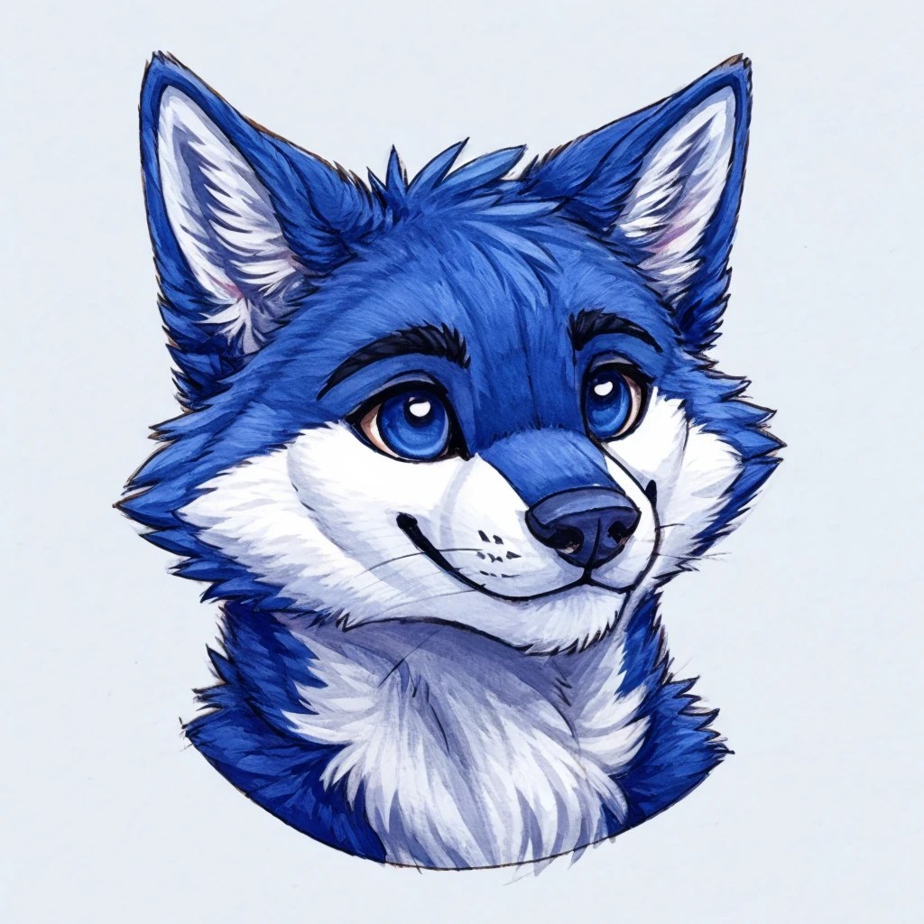 headshot of a cute and anthropomorphic blue colored fur, cute wolf, closed smile, headshot, high quality furry art, cute background.