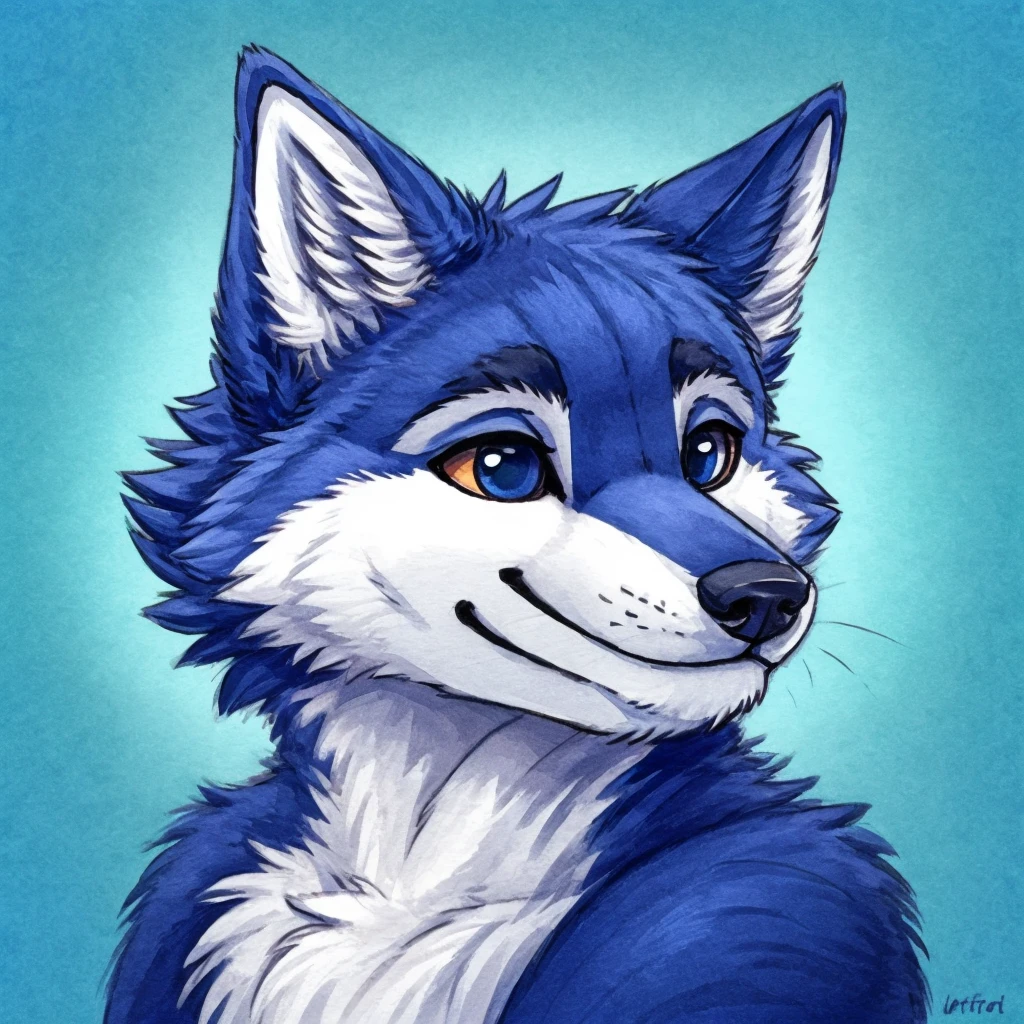 headshot of a cute and anthropomorphic blue colored fur, cute wolf, closed smile, headshot, high quality furry art, cute background.