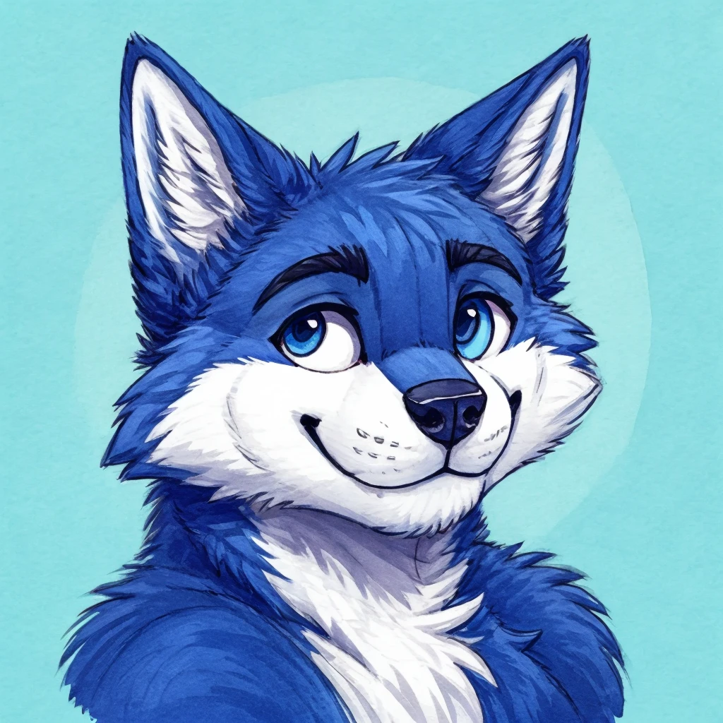 headshot of a cute and anthropomorphic blue colored fur, cute wolf, closed smile, headshot, high quality furry art, cute background.