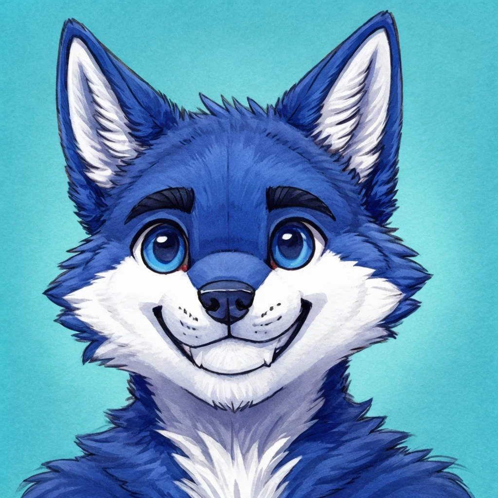 headshot of a cute and anthropomorphic blue colored fur, cute wolf, closed smile, headshot, high quality furry art, cute background.