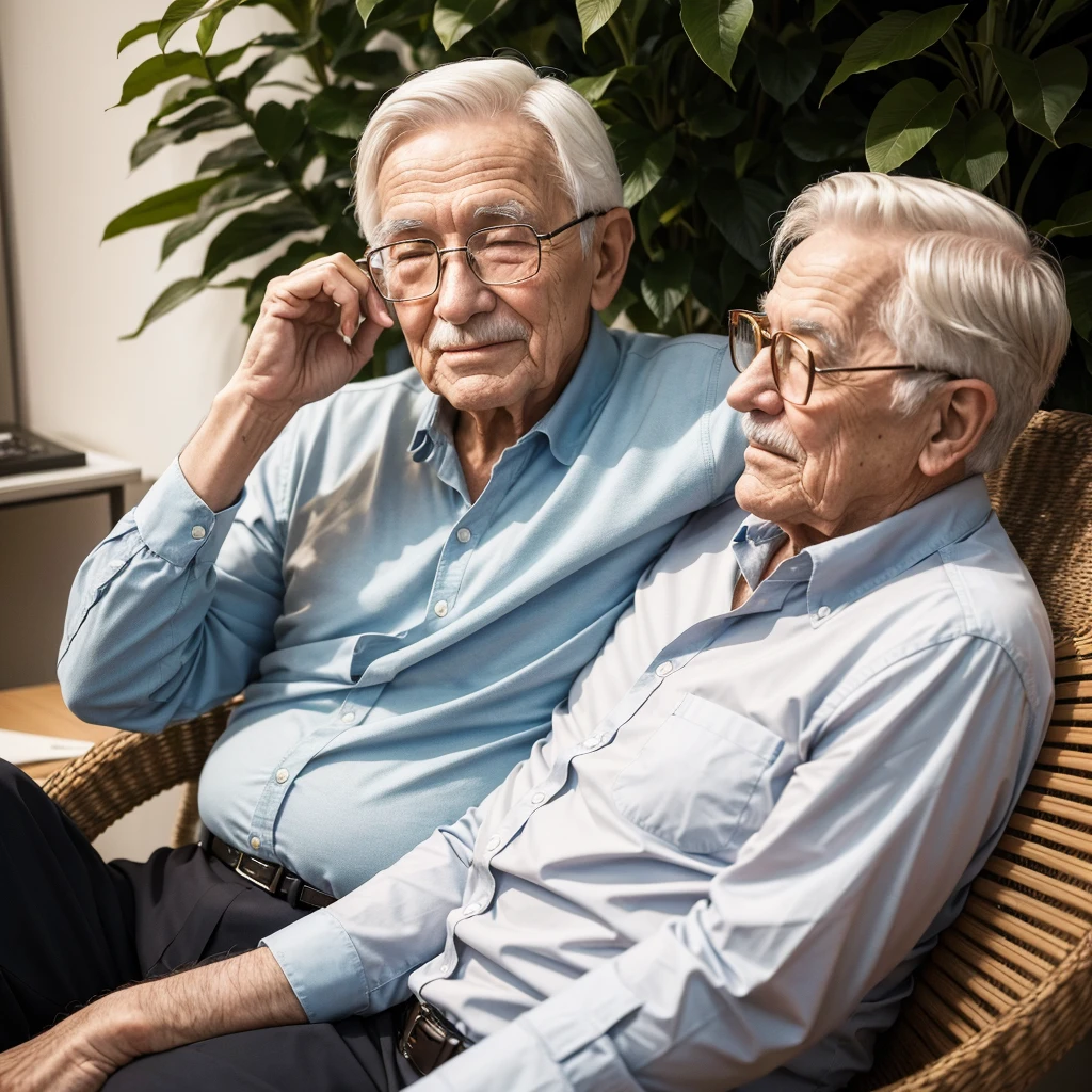 Create an 80 year old man, he is alone, reflecting on your life. He is grateful for everything he has experienced and gained in life. His life is abundant financially in health and in every way he is surrounded by good things, he has faith.