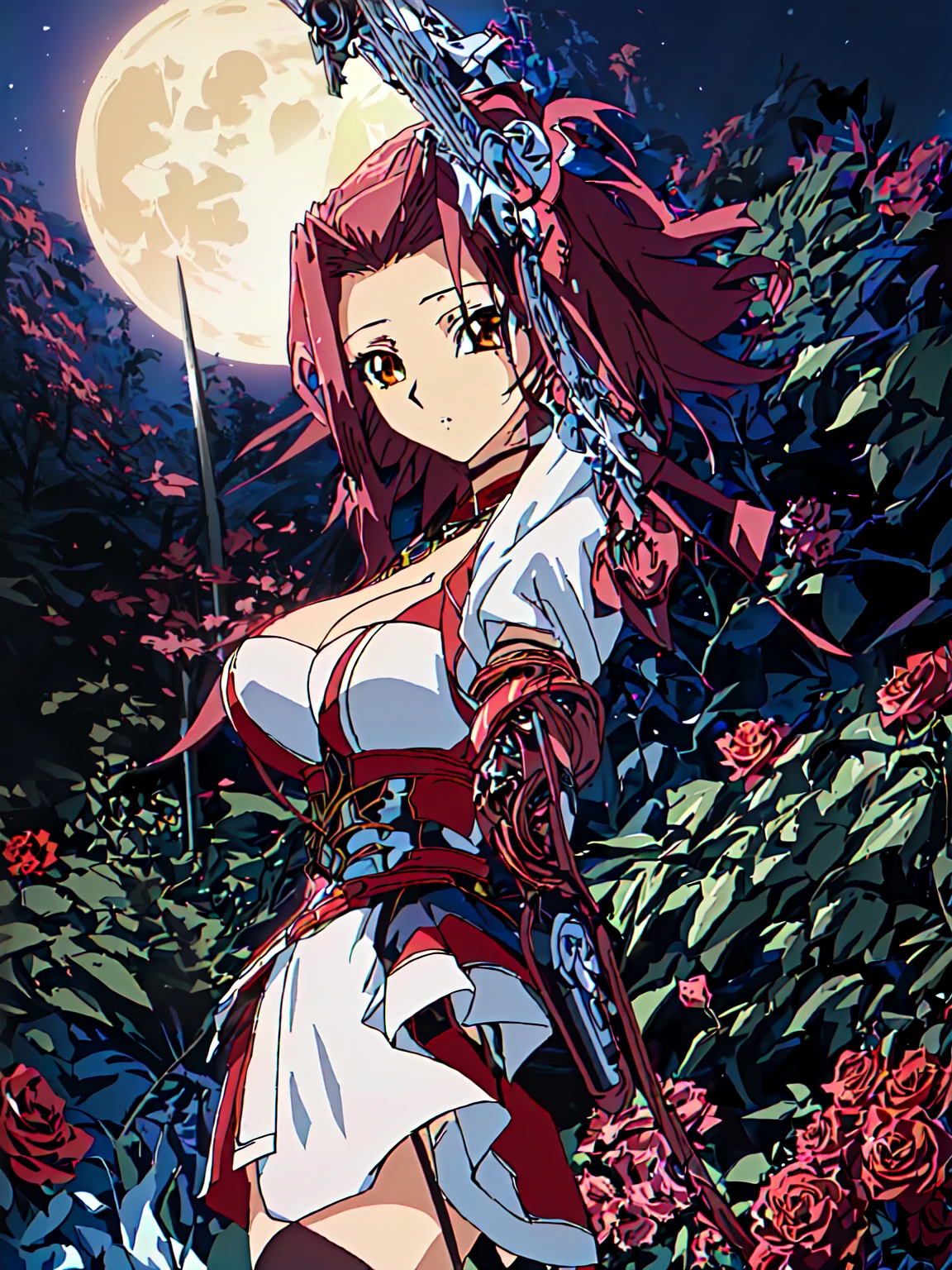 Anime girl with sword in rose garden, Kschaert Krentz Key Art Feminine, Highly detailed art gems, Enchanting anime girl, Detailed crimson moon, Sexy maid in the magical forest, Biomechanical OPPAI, Beautiful and attractive anime woman, Moonlight at night, Succubus in a tight short dress, artstation pixivでトレンド