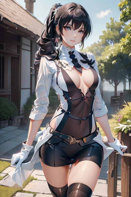 22 years old, (milf:1.0), cute , beautiful breasts,black suspenders,(Bulging ,small :1.3),(long Black miniskirt:1.3),garters,Gaze,Small face,bangss,holster,gun Belt Armament holder,Beautuful Women, thin waist, big :1.0, Raised , (dark bronde mediumlong hair,side ponytail,hair between eyes,bangs, dark blue eyes, light smile, Revimpling fabric, earrings, Hand gloves, detailed face,detailed and beautiful eyes,beautiful detailed lips,(ultra high resolution, 8K RAW photo, photo realistics, thin outline:1.3, clear focus), best qualtiy, natural lighting, textile shading, field depth (Bright pupils, fine detailed beautiful eyes with highlight:1.3, high detailed face), Red lip, fine realistic skins:1.1, looking down viewers:1.3, (dynamic angle:1.3, front view:0.8, :1.3, from below:1.2), (dynamic posing:1.5,  posing:1.2, leaning forward),Youghal, side lock, hair ornaments, hair band,nice,garden background,artistic rendering,Super detailed,(highest quality,(with sparkling eyes and a contagious smile),her thin pubic hair, looking at viewer,
