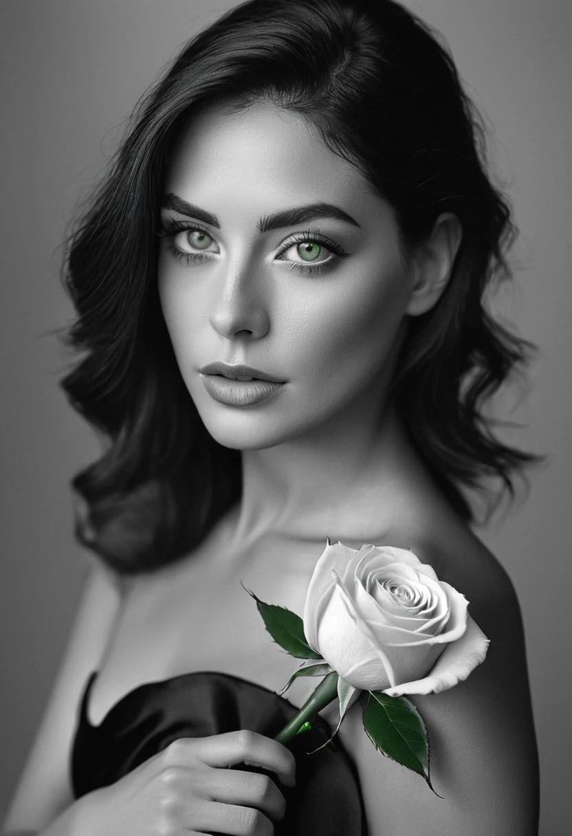 black and white, a woman with green eyes, flawless skin, half body shot, holding a rose, whimsical photography style, captured with an Arriflex 35BL camera using Canon K25 prime lenses, cinematic, dramatic lighting, ultra clear, breathtaking surreal masterpiece.