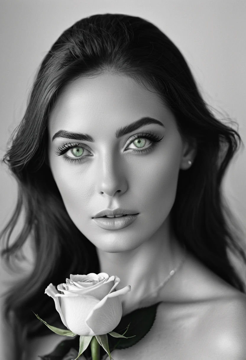 black and white, a woman with  green eyes, flawless skin, half body shot, holding a rose, whimsical photography style, captured with an Arriflex 35BL camera using Canon K25 prime lenses, cinematic, dramatic lighting, ultra clear, breathtaking surreal masterpiece.