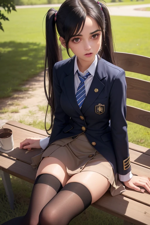 ((best quality), (hyper realistic), mh-yk, 1 girl, alone, black hair, brown eyes, long hair, wearing private university uniform, blue blazer style with buttons, tie and tight skirt followed by knee socks, , big, , twintails, plein-air, hair rings, looking at viewer, Anatomy club scene, expressive scene, with left leg on a chair, examining her stocking, quite seductive
