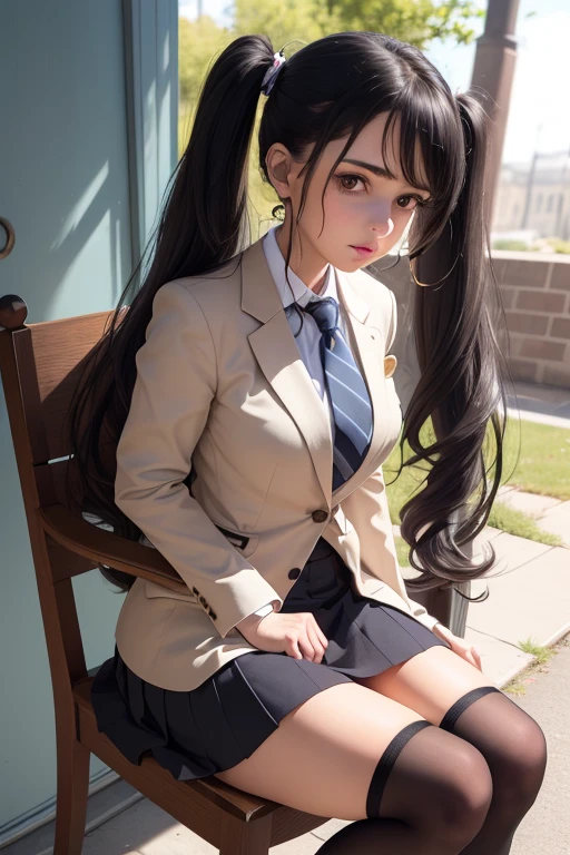 ((best quality), (hyper realistic), mh-yk, 1 girl, alone, black hair, brown eyes, long hair, wearing private university uniform, blue blazer style with buttons, tie and tight skirt followed by knee socks, , big, , twintails, plein-air, hair rings, looking at viewer, Anatomy club scene, expressive scene, with left leg on a chair, examining her stocking, quite seductive