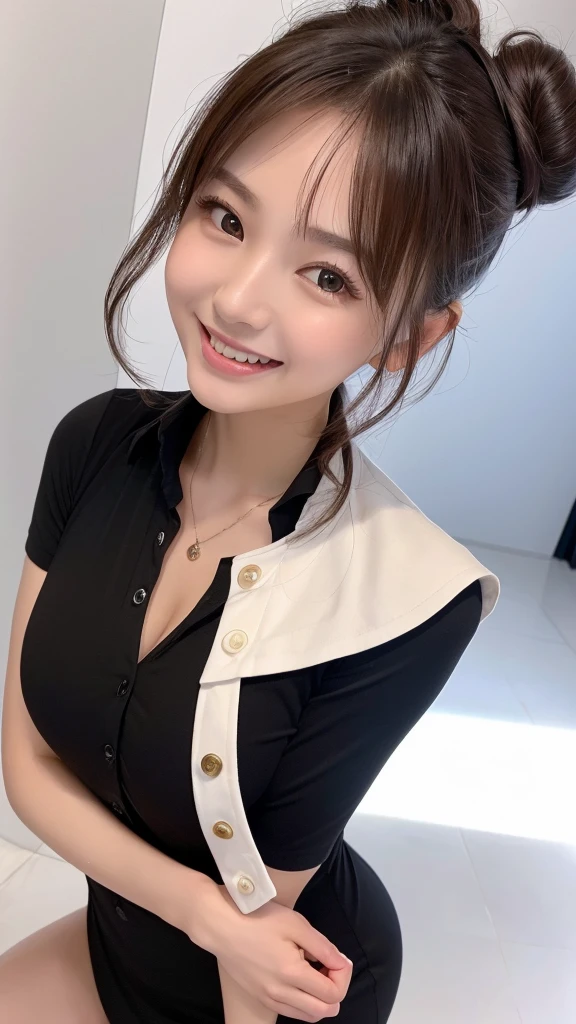 Top quality, Photo Real, High resolution, Detailed Background, Beautiful skin in every detail, Detailed nose, (((Without makeup1.9))),(Clear and beautiful skin with transparency1.9),Soft lighting, (Solo Shot:1.23),Beauty practitioner,((Esthetician uniform1.9)),(Very sexy uniform1.9) ,(She is wearing a black dress1.5),(tight clothing1.8),non-transparent clothing,(((Very soft-looking thighs1.9))),Close-up shot, View your viewers, (Nice hands, Perfect hands), Clear Eyes,Pale skin,1 beautiful woman, (Japanese girl1.5),Around 15 years old,(Permed hair1.5),(((Bun hair1.8))),(She has beautiful and cute pink hair like an anime character1.8),(I cannot see her chest as it is completely covered by clothing1.9),((She is wearing all buttons fastened)),((Soft-looking chest,A very large and well-shaped chest1.9)),(Amazingly large breasts1.8),(Cute lips1.9),(((Great style1.9))), (Open-mouthed and smiling very happily1.7),(She is laughing heartily with her mouth wide open, and she looks so cute1.8),Beautiful eyes,Looking up with eyes,Staring at me,staring directly,smile towards,(She is looking straight at me from the front1.7),(Accurate structure of the limbs1.9),She is in a beauty salon, 
