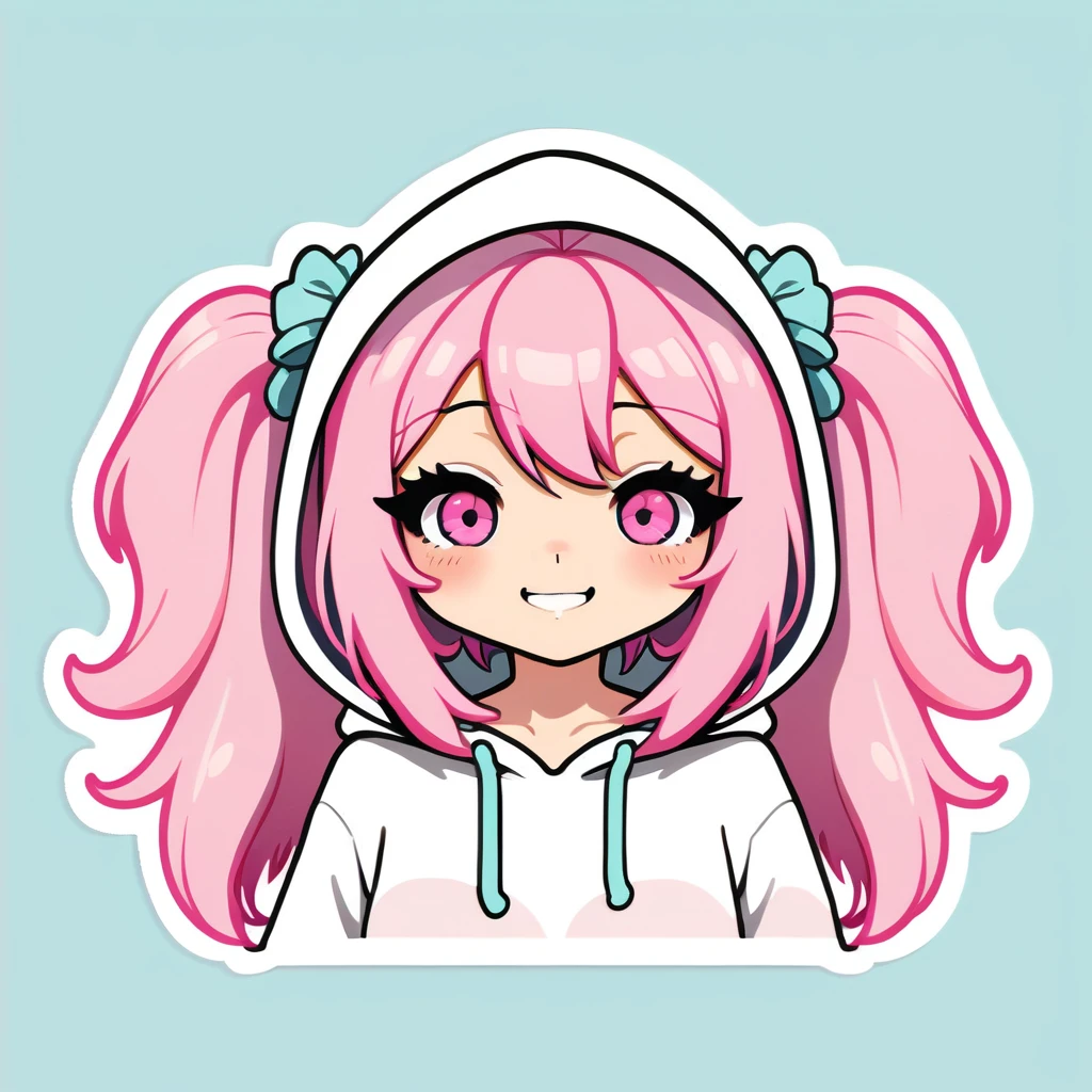 kawaii sticker, masterpiece, beautiful detailed, (wearing hoodie), pastel color, pink Eyes, pink hair, layered hair, 1girl, smile, medium breasts, hair scrunchie, (((bold outline))), limited palette