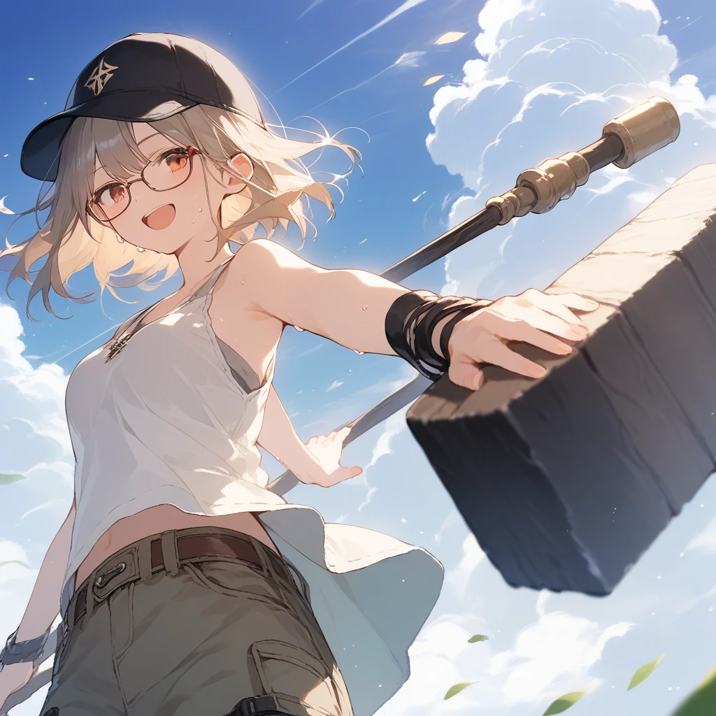 score_9, score_8_up, score_7_up, source_anime, best quality, masterpiece, official art, absurdres, highres, ultra-detailed,waifu2x,Collection: Slice of Life,break,1girl, fantasy world, short hair, glasses, medium breasts, cap, tank top, cargo pants, sweat, open mouth,smile, hammer, outdoors, wind, break,(clear line illustration:1.2),very high resolution, very aesthetic, super detailed skin, Best sexual lighting powered by famous artist, 8k,cute picture,beauty illustration,photoshop_(medium),,(Detailed Lighting),best anime 8k konachan wallpaper, pixiv contest winner, 