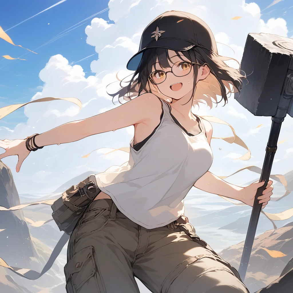 score_9, score_8_up, score_7_up, source_anime, best quality, masterpiece, official art, absurdres, highres, ultra-detailed,waifu2x,Collection: Slice of Life,break,1girl, fantasy world, short hair, glasses, medium breasts, cap, tank top, cargo pants, sweat, open mouth,smile, hammer, outdoors, wind, break,(clear line illustration:1.2),very high resolution, very aesthetic, super detailed skin, Best sexual lighting powered by famous artist, 8k,cute picture,beauty illustration,photoshop_(medium),,(Detailed Lighting),best anime 8k konachan wallpaper, pixiv contest winner,