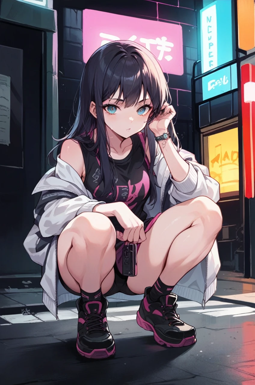 girl,City of night,Alley,Neon Light,Street fashion,squat,Precise depiction