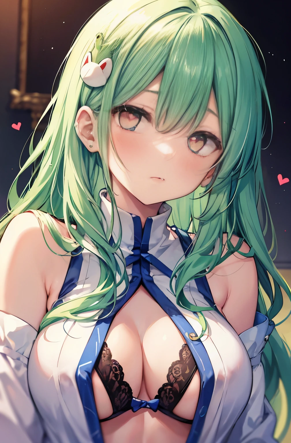 masterpiece, highest quality，highest quality，{{{1 girl}}}，alone，{{{Sanae Tofudani/Sanae Kochiya}}}，{{{frog hair ornament}}}，light green hair，long wavy hair，hair tube，green eyes(heart eyes)，blush，{{big chest room background、Only the upper body is visible、thin、full nude、courtship actions、beautiful breasts、close、A face in heat