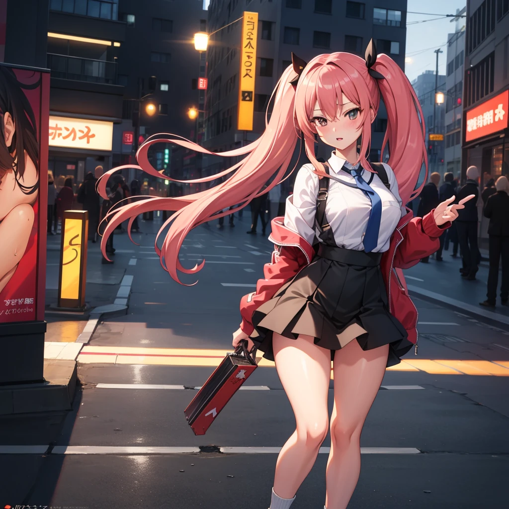 work of art, best qualityer, HuTaoV4, 1 girl, standing alone, blush, twintails, long hair, hair between the eyes, ((Urban clothing)), citys, plein-air, natta, movie poster, 8K extremamente detalhado, Soft, high resolution, ultra quality, cinematic lighting, ambient occlusion, High definition, 2k, 4K, 8K, 16K, extremely detailed anime, detailed faces, perfect composition, wide plan, atmospheric lighting, very sexy, lift skirt, random lumbar angle, no censure, nsfw, no censure