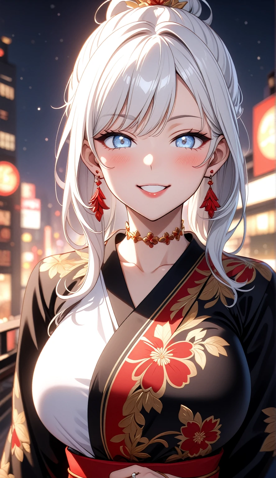 ((One personの女性)), Beautiful Face, (Laughing embarrassedly), (laugh:1.2),((Wink:1.9)), (head tilt:1.3), Laugh with your mouth wide open, upper teeth, looking down at viewer, ((Bright red cheeks:1.4)),Glossy Red Lips,rooftop, firework, Glossy red lips, Shining Face, ((Anime style background)),masterpiece, Highest quality, so beautiful,up to date, Complex details, (Pink long nails),(ring),(bracelet),(Floral choker),AI-generated, Complex,High resolution, Highest quality, super high quality,3D Images、3D Images,One person,Long white hair,High Ponytail, Anime woman posing for a photo,(blue eyes), ((Fine grain、Silvery white, lightly pigmented eyes、Shining Eyes:1.3)), (Squint your eyes:1.1),a hyperRealistic , hyperRealistic , Realistic,Anime woman with long white hair, Smooth anime CG art, A woman in a colorful kimono with gold embroidery, (Black long sleeve kimono),Red floral pattern,Long flower hair ornament,Earrings,Mature Body,(Big Breasts:1.1),Tall,Abdominal muscles,Tight waist,(Zoom up to face:1.4), (front view),
