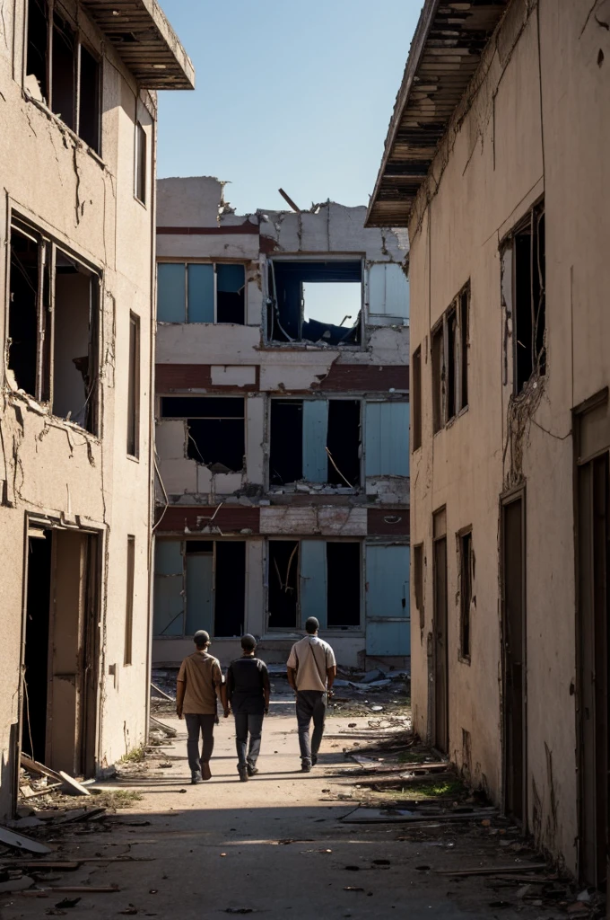 Two people are walking in an abandoned and dilapidated residential area,Look up,The cracks in the building's walls are filled with lush ferns.。I also saw the window leaves of the building were broken.,almost broken
