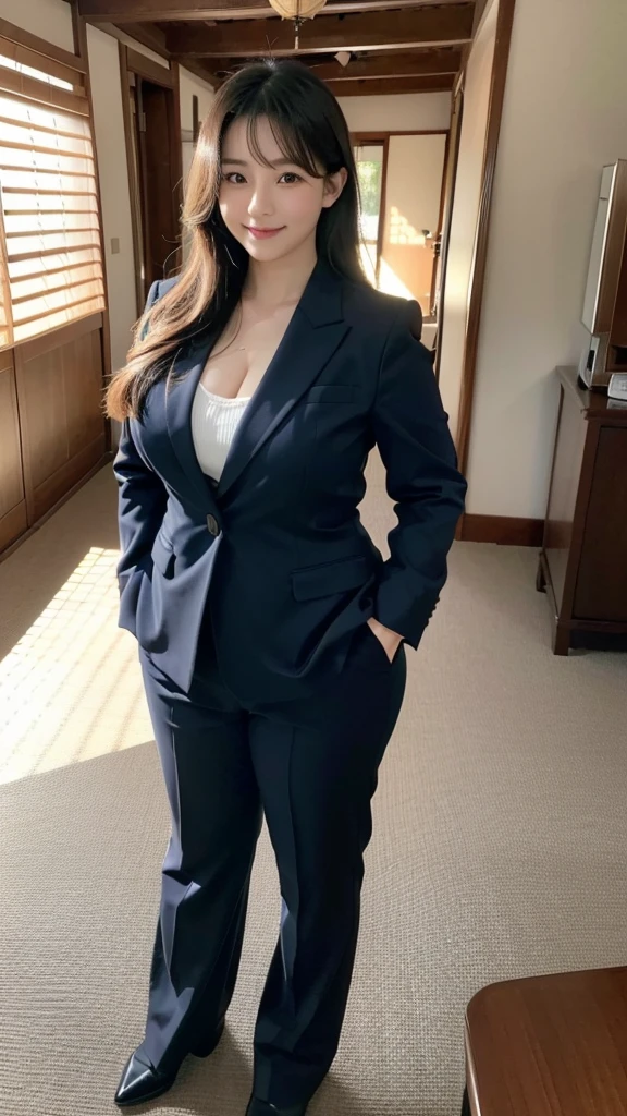 ((最high quality, 8K, masterpiece: 1.3)), (close:0.75), Realistic, Sharp focus, high quality, High resolution, Portraiture, Portraiture, 1. Japanese,Huge Busty Woman、26 years old、career woman、Chubby body type、Her breasts are extremely large (Wearing a navy suit), ((Very strong sunlight)), smile, Long black hair,会社の前でsmileでむ、Full body shot image、