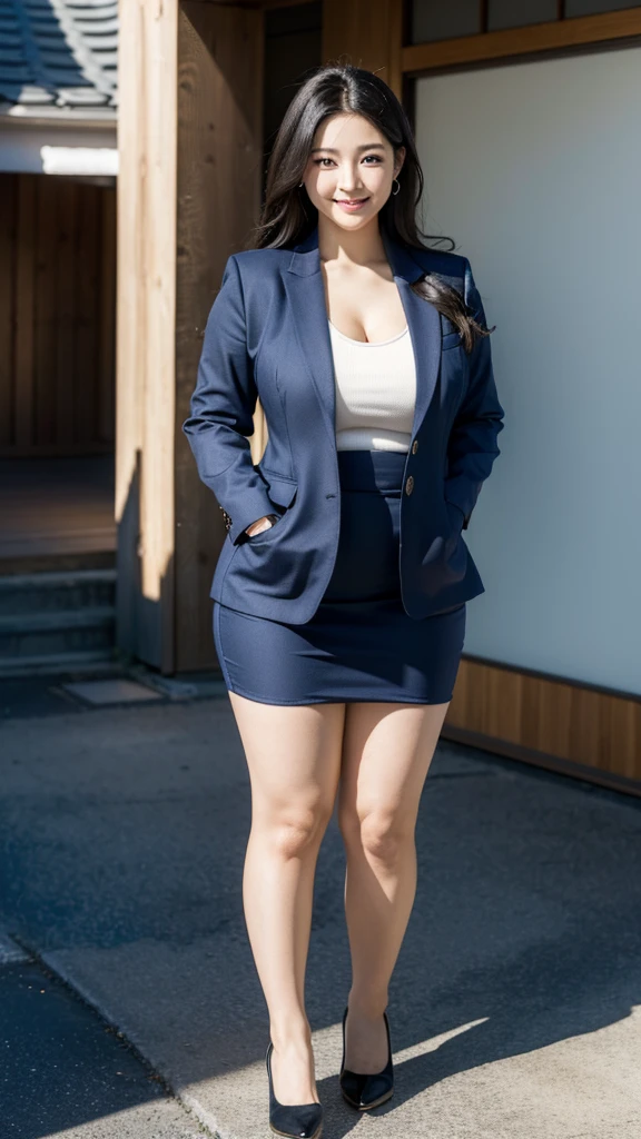 ((最high quality, 8K, masterpiece: 1.3)), (close:0.75), Realistic, Sharp focus, high quality, High resolution, Portraiture, Portraiture, 1. Japanese,Huge Busty Woman、26 years old、career woman、Chubby body type、Her breasts are extremely large （Wearing a navy suit), ((Very strong sunlight)), smile, Long black hair,会社の前でsmileでむ、Full body shot image、