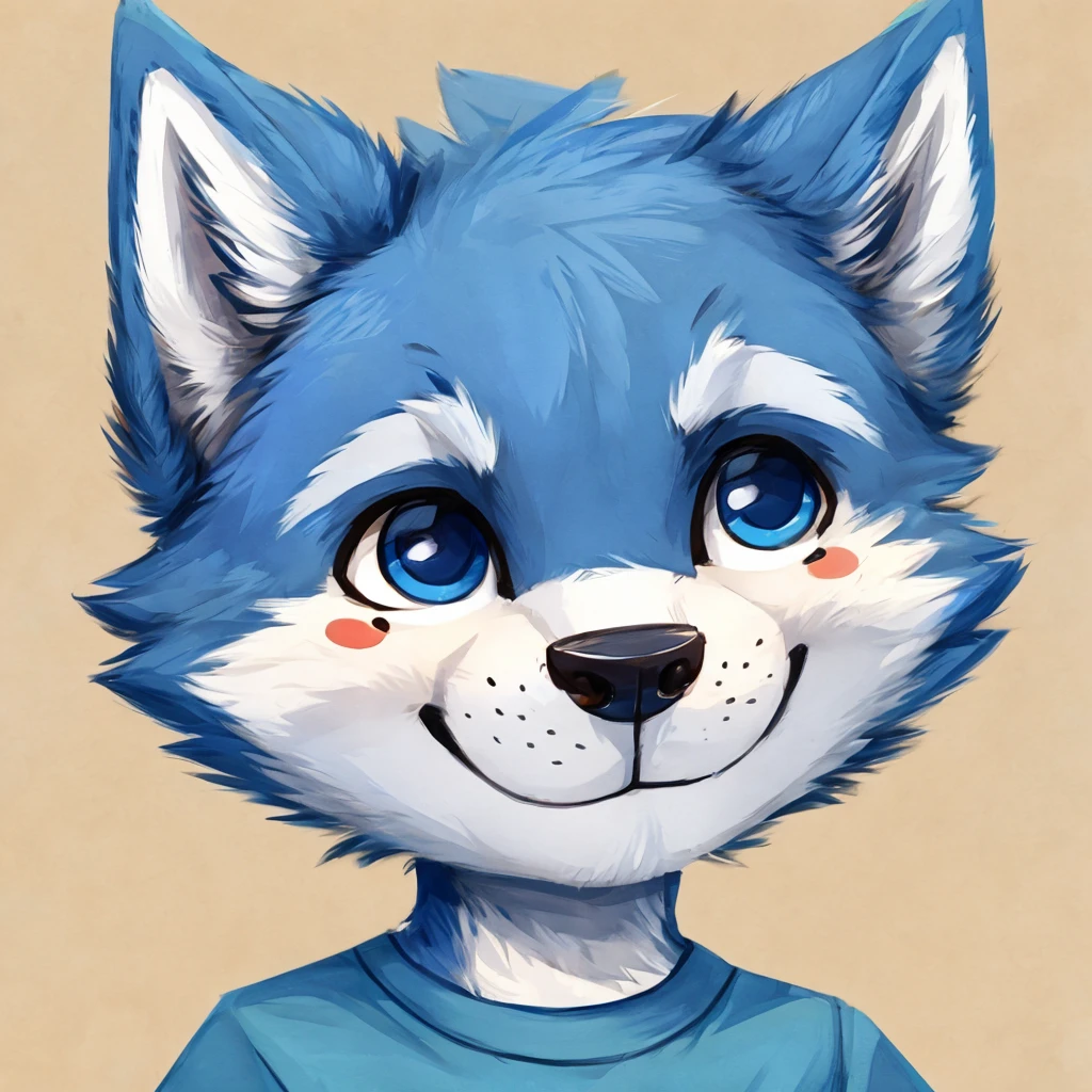 headshot of a cute and anthropomorphic blue colored fur, cute wolf, closed smile, he has a t-shirt, headshot, high quality furry art, cute background. chibi style