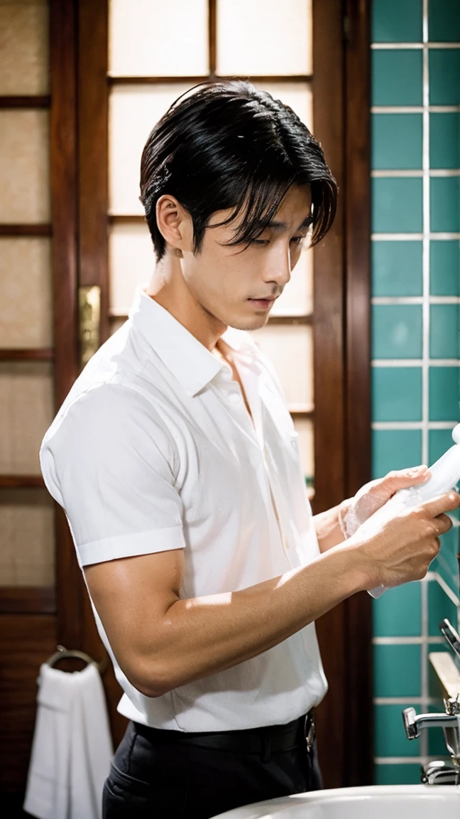 Handsome Japanese man shampooing