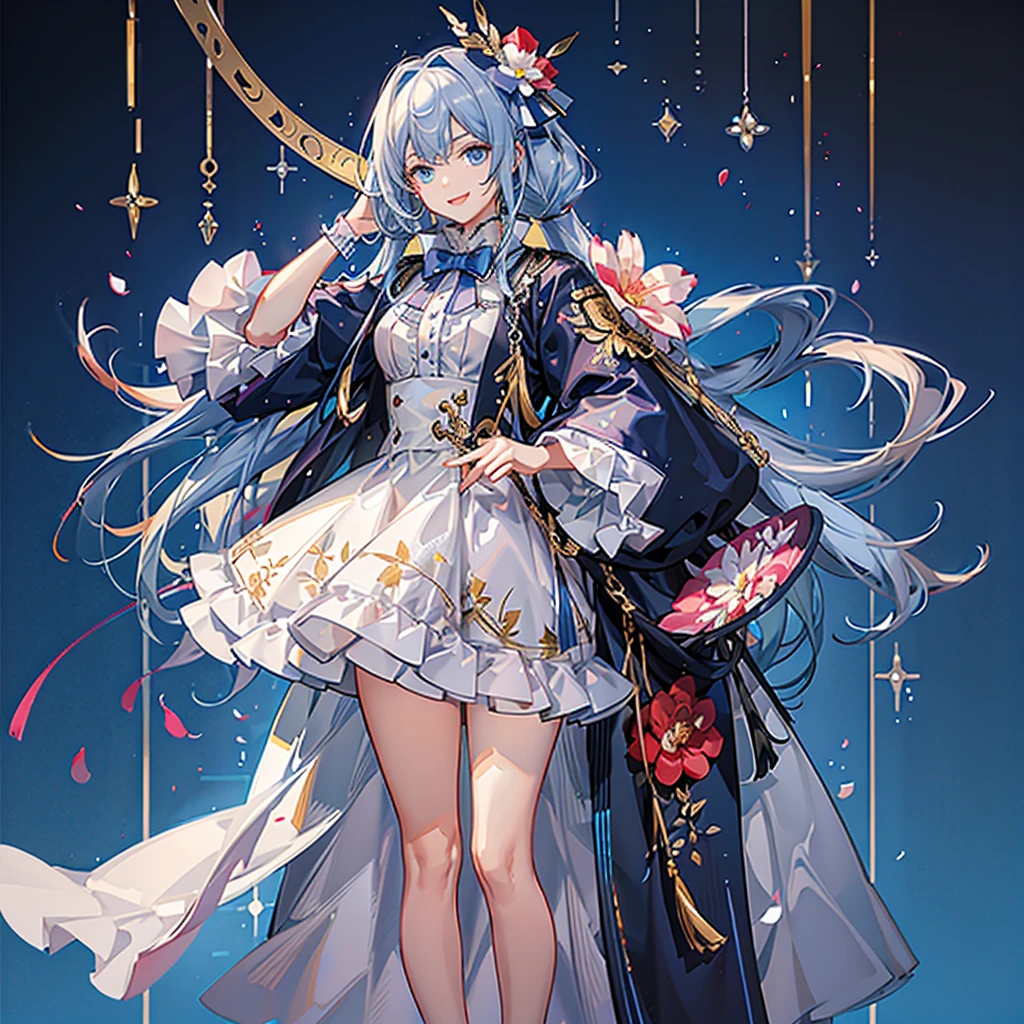 One girl、Absurd、The notes are arranged in a circle、Dynamic configuration、marching band、(((masterpiece、Highest quality、Official Art、Very detailed、The best smile、Handsome face、Dynamic configuration)))、Anime Style、(Milky white and blue hair:1.3),(blue eyes:1.4),(Bright colors:1.4), marching bandのユニフォーム, marching bandの帽子、mini skirt, Frills, Two hands holding a black and white gold embroidered flag,(background:Large red flag and gold flower embroidery on the back, Note, )、Giant Flag、旗をbackgroundにかっこいい構図、marching band、marching bandユニフォーム、
