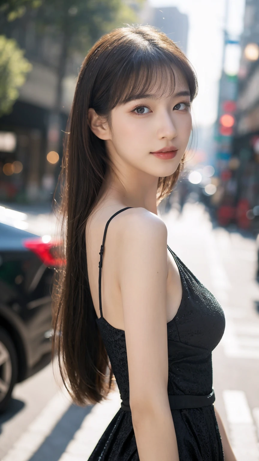 ((Best quality, 8K, masterpiece:1.3))，1girl，18 years old，Asian，Real texture:1.3，(Background blur:1.1)，Gorgeous long dress，Tall and slender figure:1.2，(Hot summer weather)，（street:1.3），Highly detailed face and skin textures，Exquisite eyes，Long eyelashes，Double eyelids，Skin Whitening，happy，Various postures，Big breasts