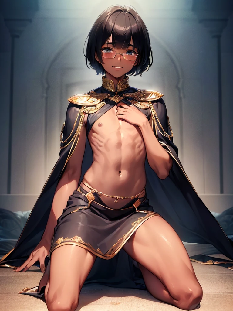 (1 boy20 years  solo:1.4),(flat chest:1.3),(dark skin:1.7), (masterpiece:1.2), highest quality, High resolution, unity 8k wallpaper, (fine and beautiful eyes:1.6), highly detailed face, perfect lighting, Detailed CG, (perfect hands, perfect anatomy), detailed eyes, best quality, extremely detailed, very precise detailed,(glasses:1.4), (blunt bangs:1.3),(arabian clothes:1.5), (very short pixie cut:1.2), (evil smile),(blush),(kneeling:1.3),