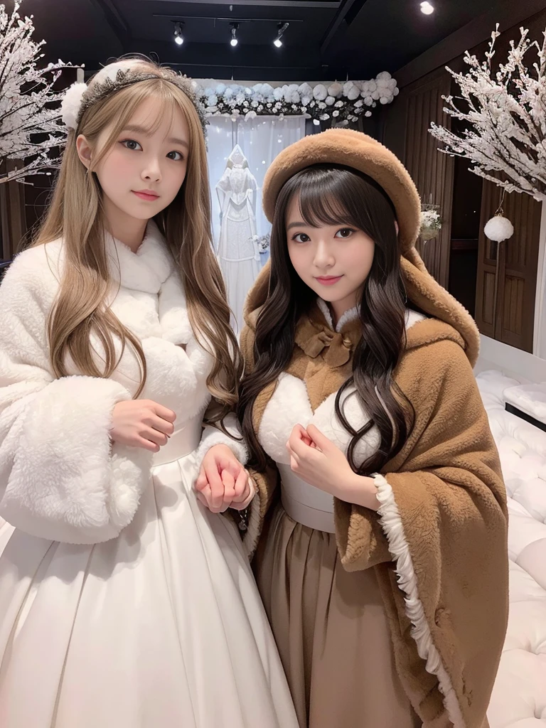 fluffyの毛皮。fluffy。(Russian archaic queen)(smile)(((Pair of women、snow、Dark Room)))。Wedding dressを着た女性たちの写真。Wedding dress、Brown fur cape。Fisheye Lenultiple women。