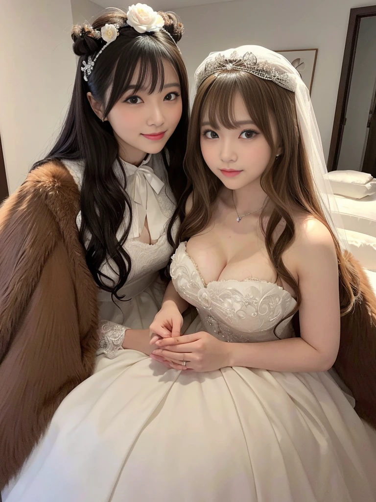 fluffyの毛皮。fluffy。(Russian archaic queen)(smile)(((Pair of women、snow、Dark Room)))。Wedding dressを着た女性たちの写真。Wedding dress、Brown fur cape。Fisheye Lenultiple women。