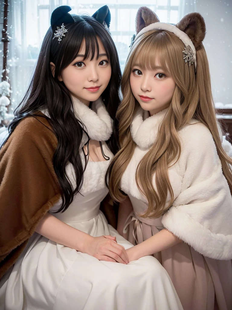 fluffyの毛皮。fluffy。(Russian archaic queen)(smile)(((Pair of women、snow、Dark Room)))。Wedding dressを着た女性たちの写真。Wedding dress、Brown fur cape。Fisheye Lenultiple women。