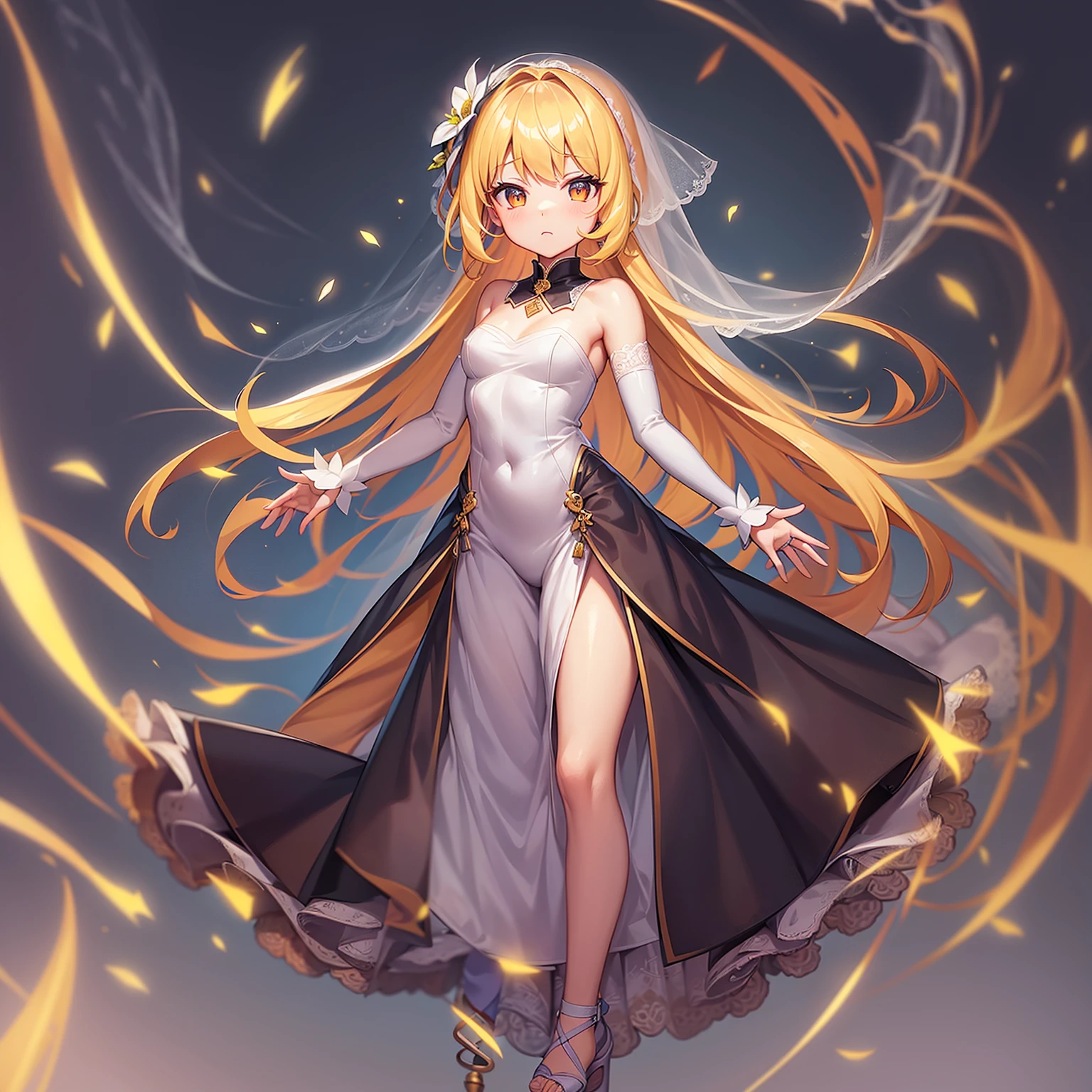 ((Wedding dress)),Cute little ,Tiny ,Small girl,,Childish face, Very fine clean face,Top quality, Big eyes,Straight Hair,Yellow hair,Crimson Eye,(Dark Room), Subtle light, Natural light,Soft lighting,Light from directly behind, (Are standing), Cute pose, (Open your hands), Showing the whole body,Front view,Black background