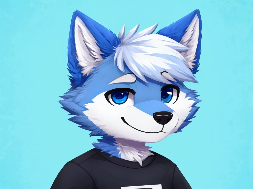 headshot of a cute and anthropomorphic blue colored fur, cute wolf, closed smile, he has a t-shirt, headshot, high quality furry art, cute background. chibi style