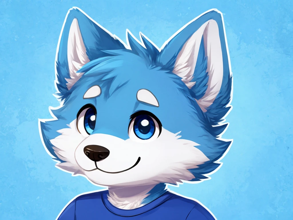 headshot of a cute and anthropomorphic blue colored fur, cute wolf, closed smile, he has a t-shirt, headshot, high quality furry art, cute background. chibi style