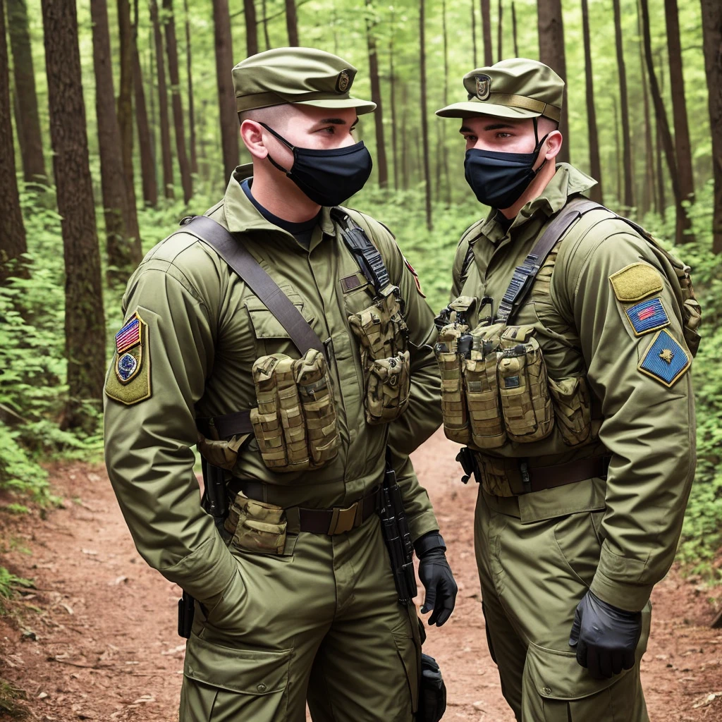 white 2males, 2guys, 2soldiers, wearing 1994 american military uniforms, shaking hands, wearing balaclavas, wearing mask, face headen, in a forest, beautiful background, no more than 2 characters,