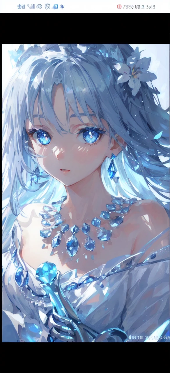 masterpiece, best quality, illustration, sax blue, red eyes, platinum earrings, platinum necklace, white dress, 1girl, cute, (dynamic lighting:1.2), cinematic lighting, delicate facial features, detailed eyes, sharp pupils, realistic pupils, depth of field, bokeh, sharp focus, (hyper-detailed, bloom, glow:1.4), many small gems