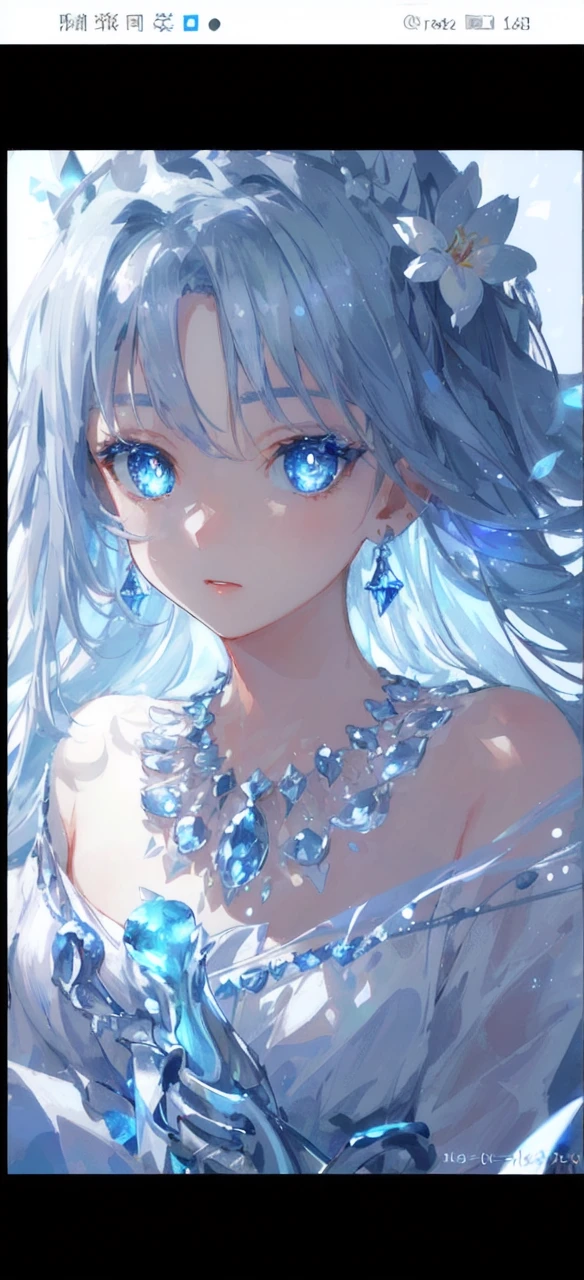 masterpiece, best quality, illustration, sax blue, red eyes, platinum earrings, platinum necklace, white dress, 1girl, cute, (dynamic lighting:1.2), cinematic lighting, delicate facial features, detailed eyes, sharp pupils, realistic pupils, depth of field, bokeh, sharp focus, (hyper-detailed, bloom, glow:1.4), many small gems